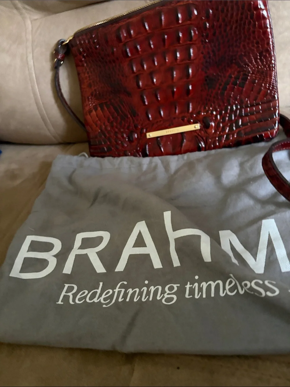 Brahmin Croc-Embossed Convertible Shoulder Bag in Burgundy